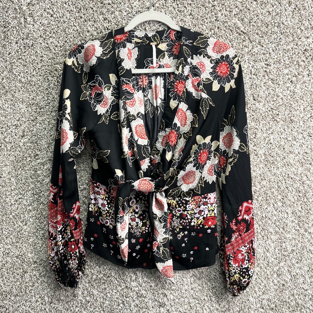 Free People Top Women's Small Run Free Black/Red Floral Front Tie Long Sleeve
